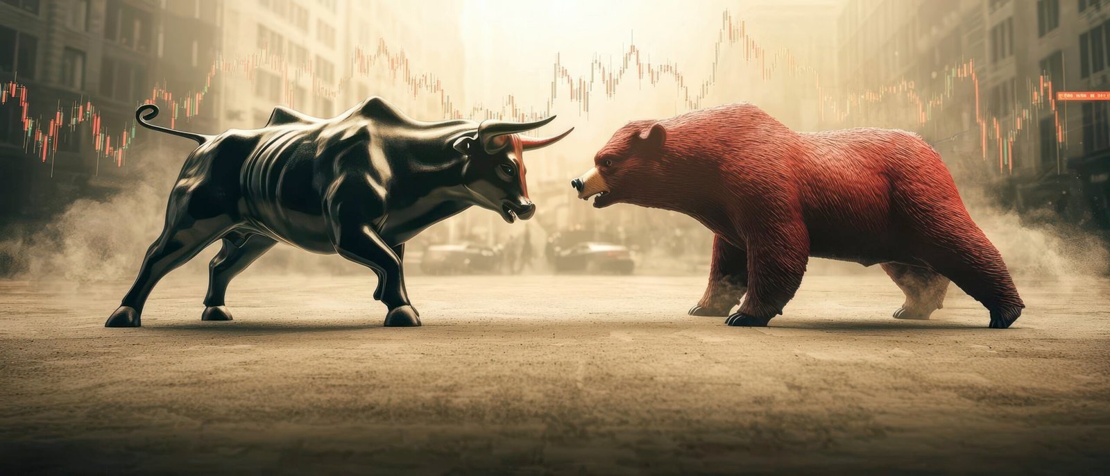 Green bull and red bear in mid-charge, trading graph peaks behind, showcasing the struggle between market forces