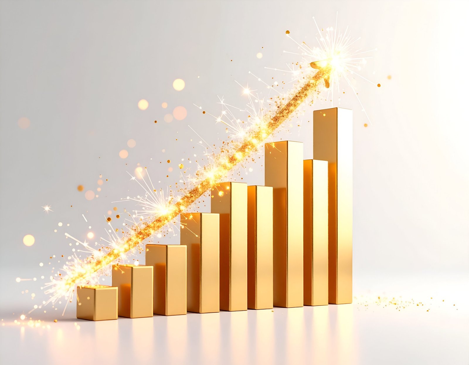 3D rendering of a golden bar graph with a sparkling arrow soaring upwards, symbolizing growth, success, and financial prosperity.